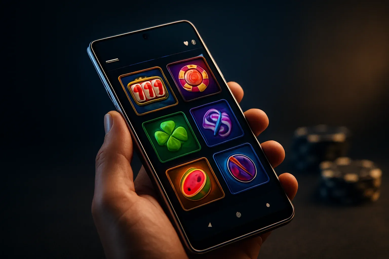 Flagship Android smartphone displaying vivid casino app interface in dramatic lighting