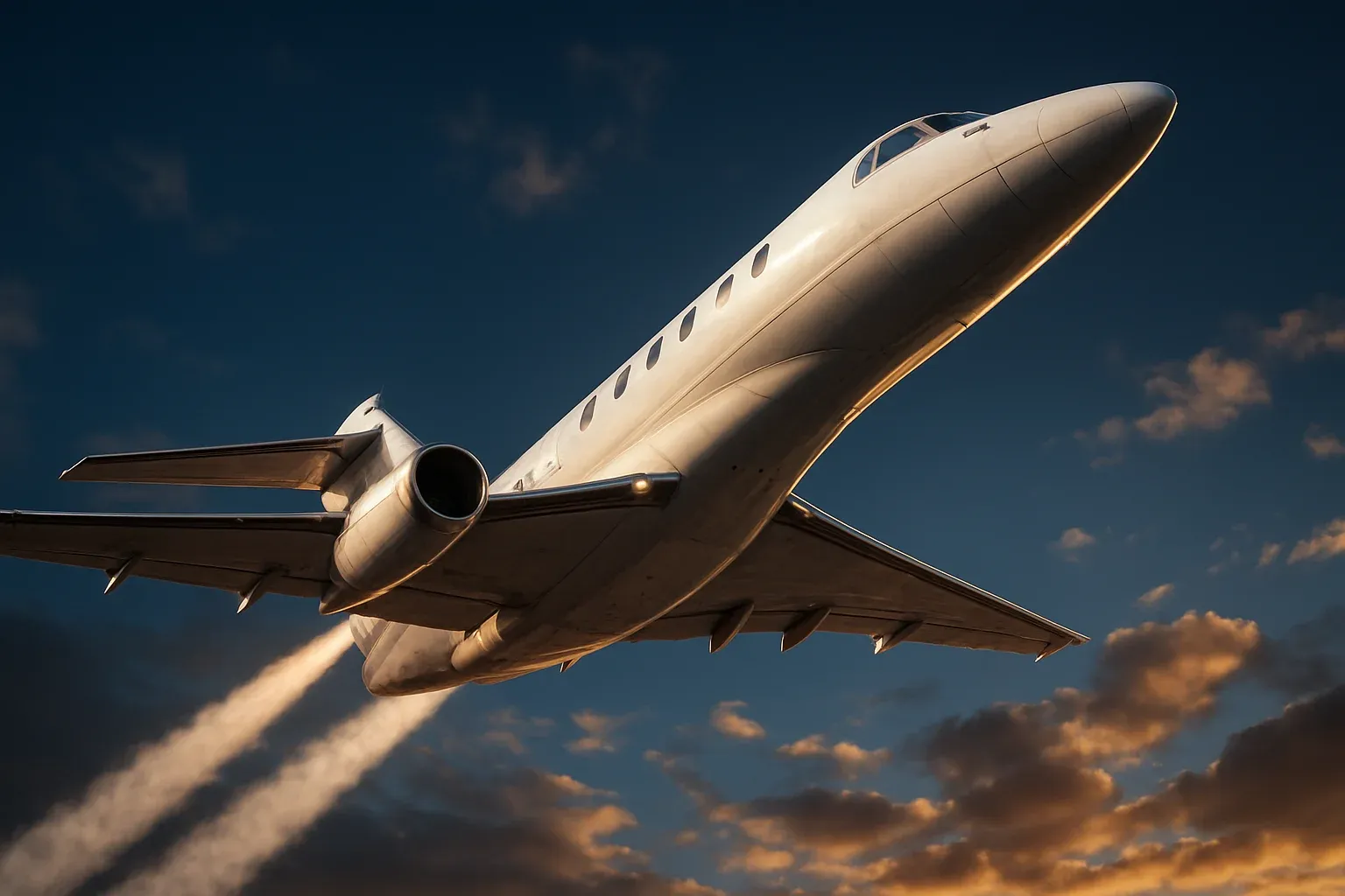 Hyperrealistic white jet aircraft climbing steeply in dramatic blue sky
