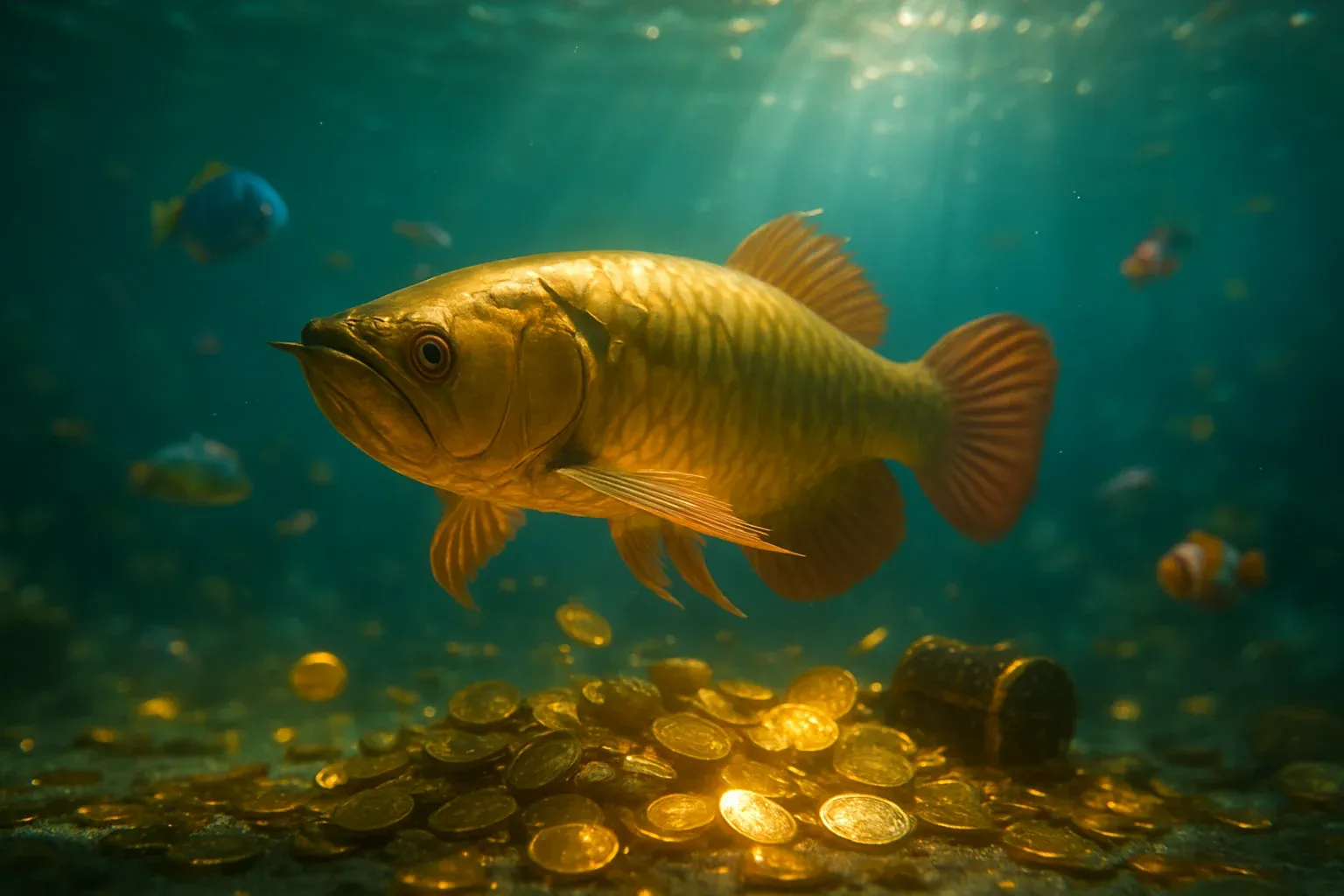 Massive golden dragon fish underwater with glowing coins and tropical fish