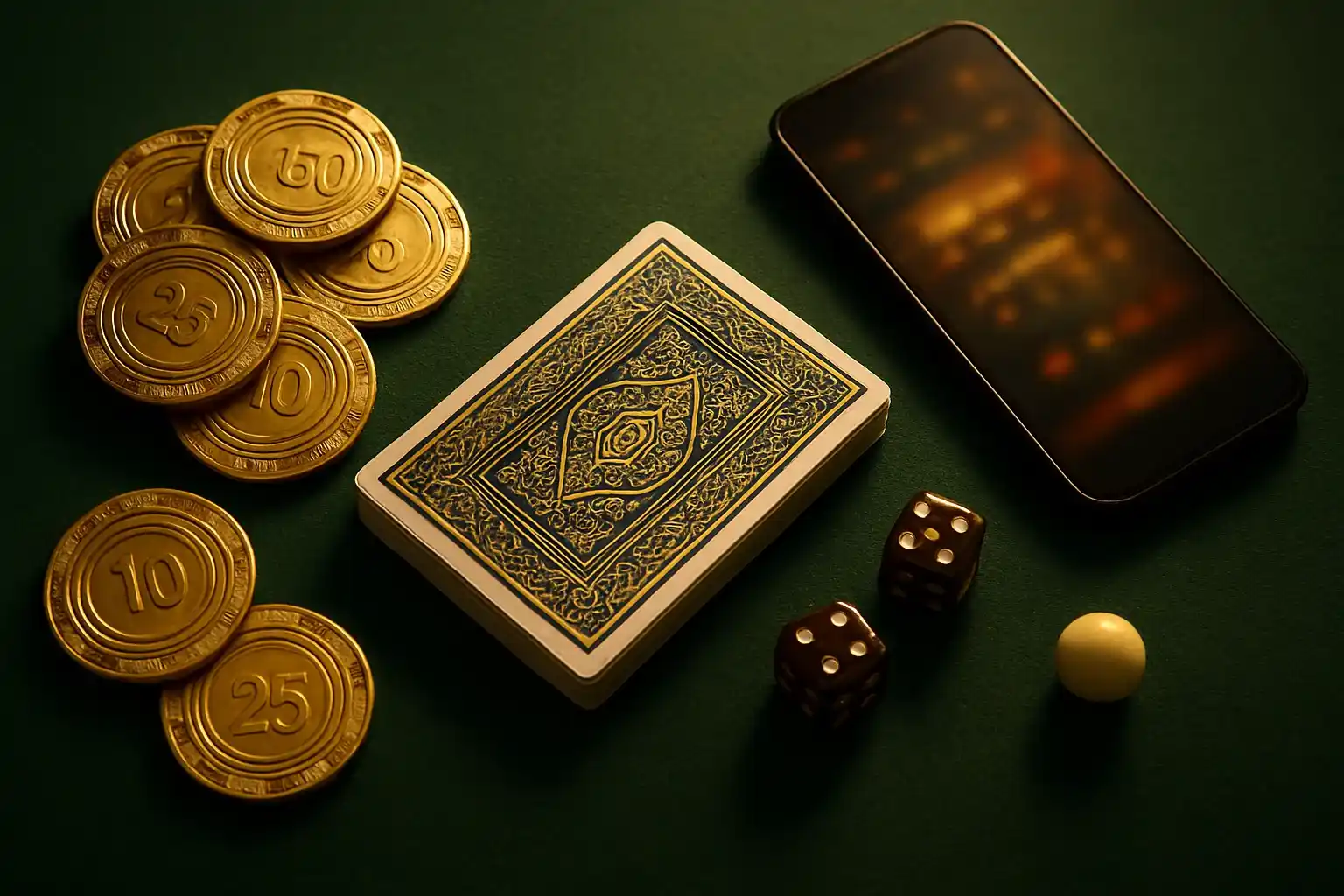 Top-down premium casino table with chips, cards, dice, roulette ball, smartphone
