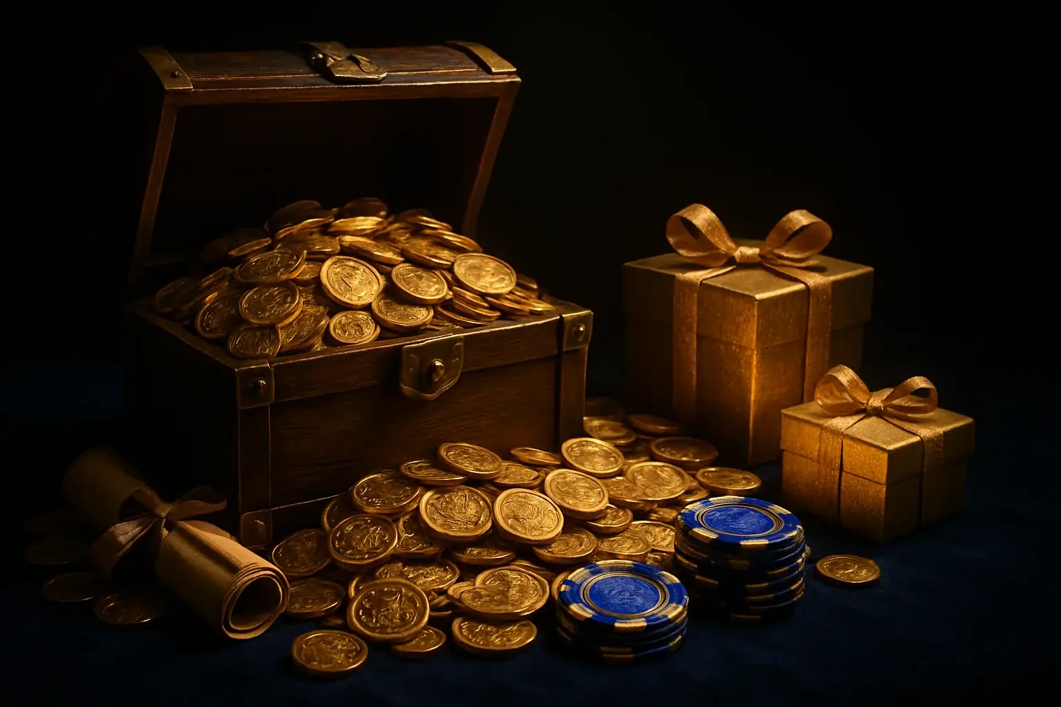 Overflowing treasure chest with gold coins, casino chips, vouchers, and gift boxes