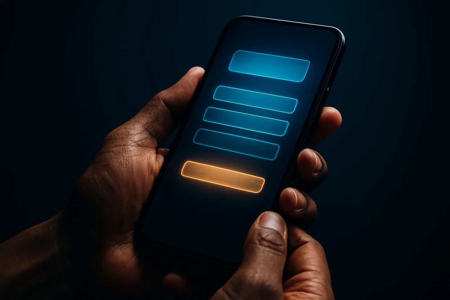 Filipino man's hands holding smartphone with glowing registration interface