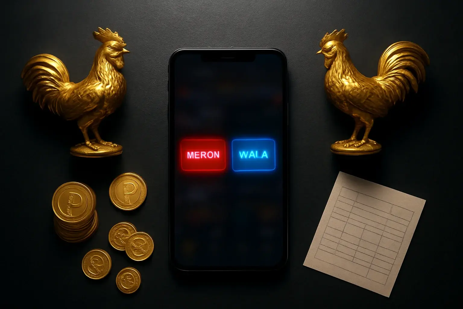 Smartphone with sabong betting interface, golden roosters, coins, and casino chips