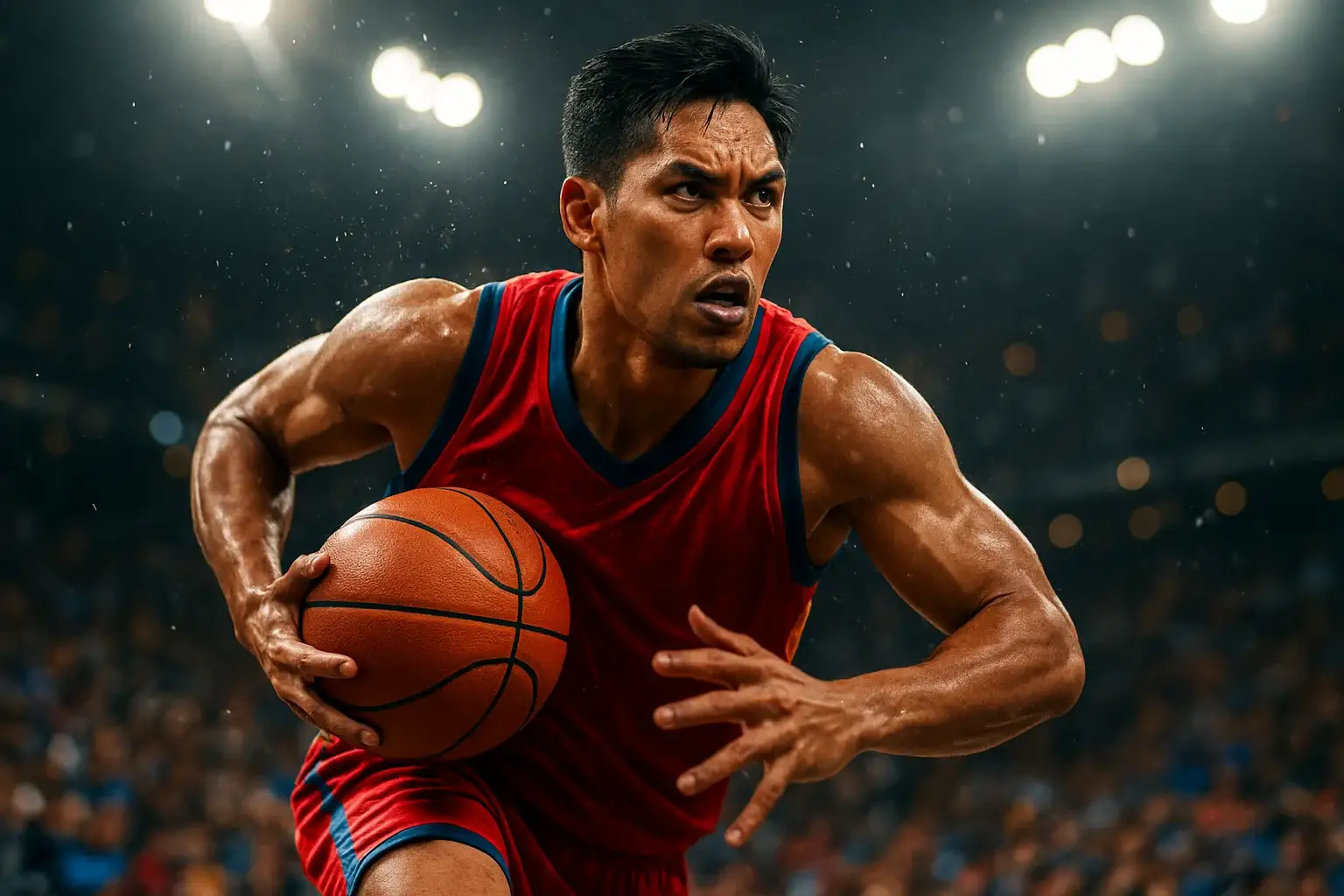 Filipino PBA basketball player driving mid-air toward basket in arena